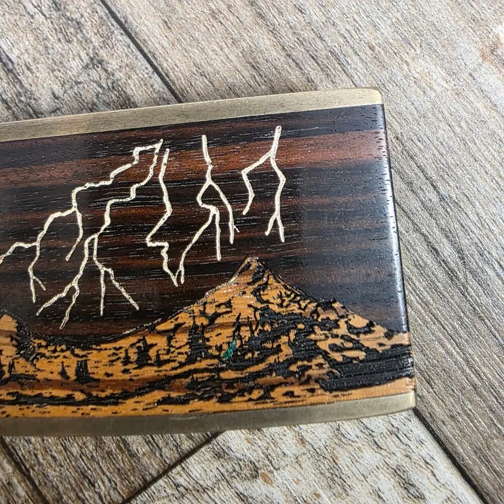 Vintage Sky West Albuquerque Wood Inlay Mountain Lightning Belt Buckle Brass